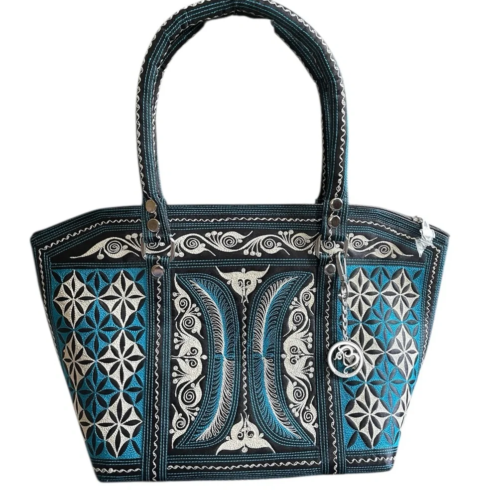NWT Banda Bags Memetika Embroidered Tote Bag Blue Vegan Cotton Handcrafted Zip